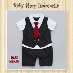 Jumpsuit Hitam Salur Dasi Merah  large