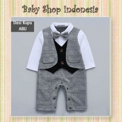 LJ184 Romper Pesta Bayi Jumpsuit Tuksedo Bayi Lengan Panjang Kotak Kecil Grey Black  large