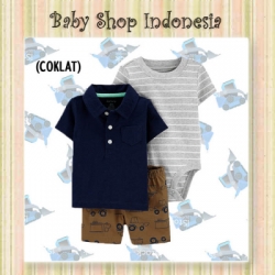 LU550 Setelan Baju Bayi Import 3in1 Jumpsuit Bayi Kaos Kerah Anak Branded Navy Grey Salur  large