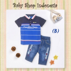 LU598 Setelan Baju Anak Laki laki Kaos Kerah Anak Biru Camethin Celana Pendek Jins Anak Cowok  large