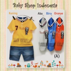 LU618 Setelan Anak Import Korean Style Kaos Kerah Anak Celana Pendek Anak Denim King Surfer A  large