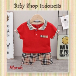 LU622 Setelan Kaos Kerah Anak Import Merah Celana Pendek Katun Anak Kotak Coklat Burb  large