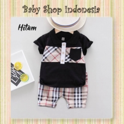 LU623 Setelan Kaos Anak Berkerah Burb Kombinasi Celana Katun Anak Kotak Hitam  large