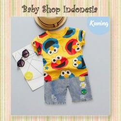 LU630 Setelan Baju Anak Import Kaos Anak Elmo Celana Pendek Jeans Anak Import Kuning  large