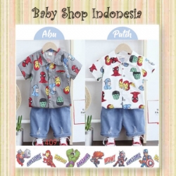 LU636 Setelan Kemeja Anak Import Superheroes Celana Pendek Denim Anak Model Sobek  large