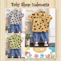 LU637 Setelan Kemeja Anak Import Elmo Celana Pendek Denim Anak Model Sobek  large