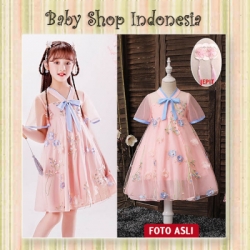 PD661 Dress Anak Korea Cheongsam Anak Pink Hanbok Anak Pink Pita Biru  large