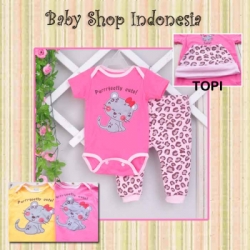 PU361 Set Jumpsuit Celana Topi Cute Cat 70 Pink  large