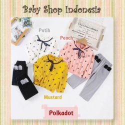 PU597 Setelan Baju Anak Perempuan Lengan Panjang Atasan Anak Perempuan Polkadot Celana Panjang Anak Perempuan Polos Bunny  large
