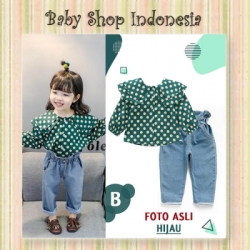 PU598 Setelan Baju Anak Perempuan Lengan Panjang Kemeja Tunik Anak Perempuan Lengan Panjang Polkadot Celana Panjang Denim Anak Perempuan Hijau  large