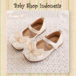 S1018 Sepatu Pesta Bayi Perempuan Import Sepatu Anak Perempuan Cantik Mary Jane Pearl Diamond Bow Creme  large
