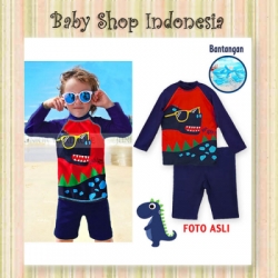 W092 Baju Renang Anak Laki laki Lengan Panjang Baju Renang Anak Cowok with Arm Circle Red Dino  large